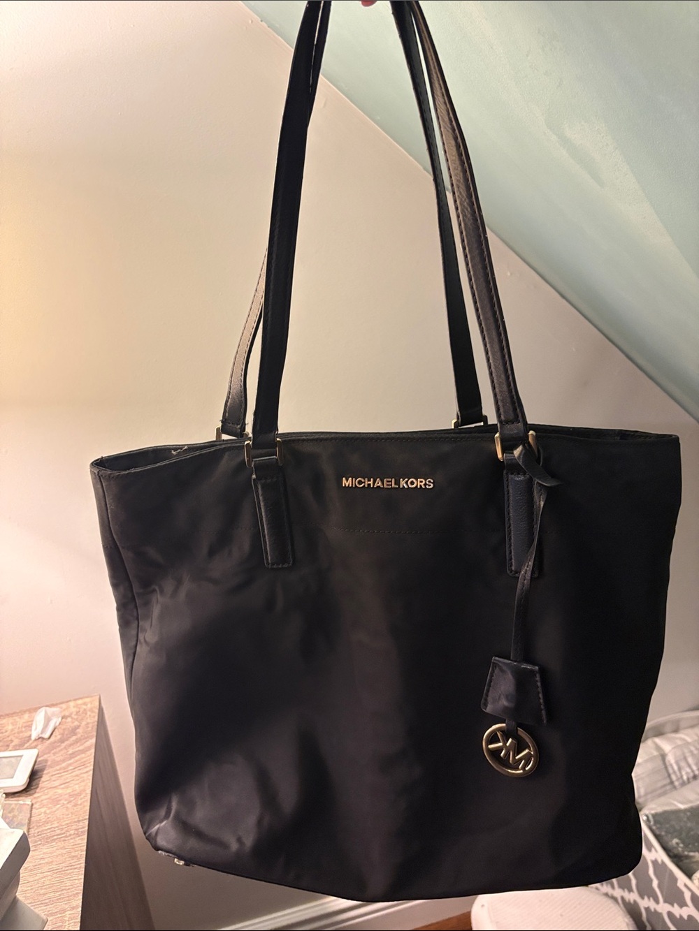Michael Kors Black Nylon Tote with Gold Accent Logo Charm
